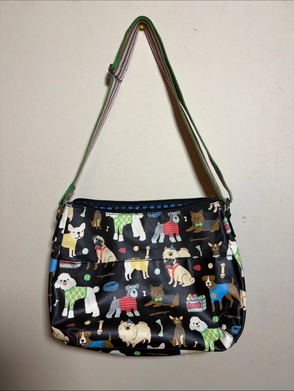 Black Dog-Print Crossbody Bag with Striped Strap Waterproof Dog Walker Purse